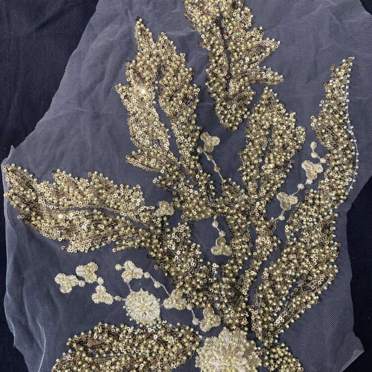 Large Sequin Beaded Leaf Appliqué - Gold