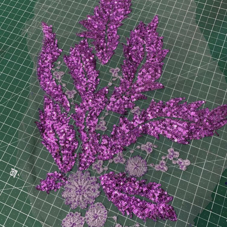 Large Sequin Beaded Leaf Appliqué - Fuchsia Pink