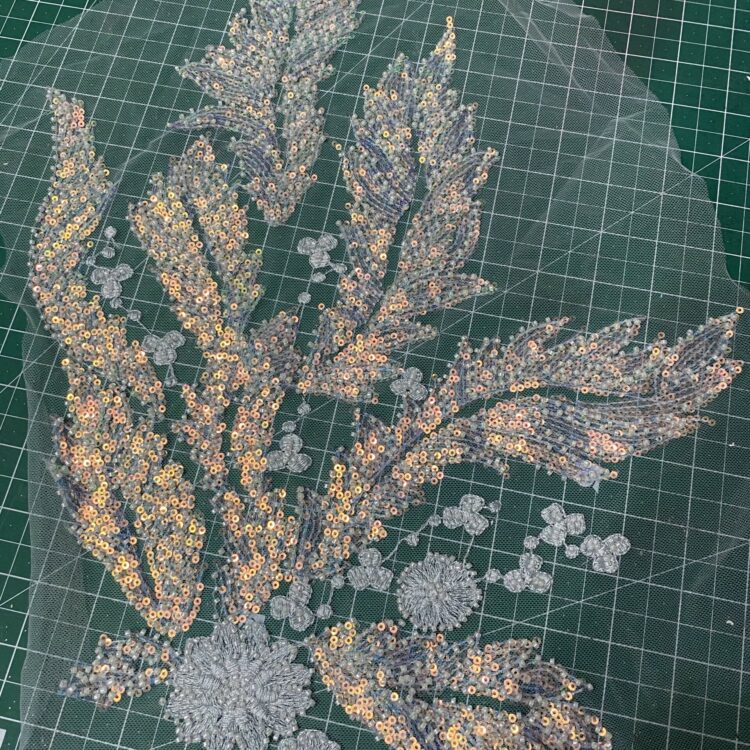 Large Sequin Beaded Leaf Appliqué - Iridescent AB