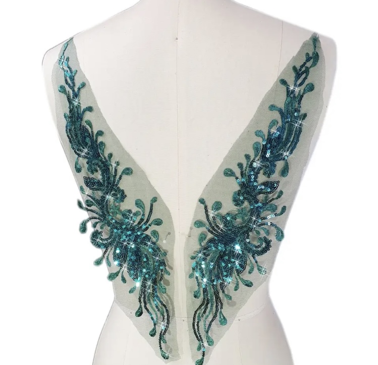 Pair of Sequin Appliqué Patches (41cm x 10cm Each) - Dark Green